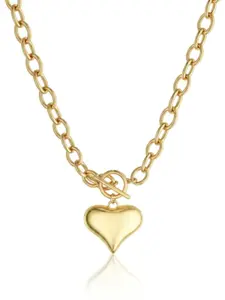 Large O-Shaped Chain Necklace with Fluffy Heart Pendant, Shiny Smooth Gold Statement Necklace, Valentine's Day Fashion Jewelry Gift for Women