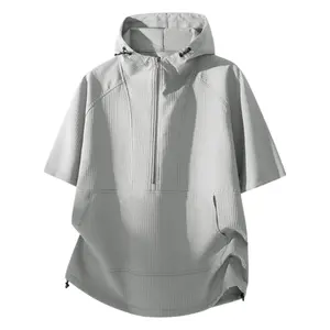 New Summer Men’s Textured Half-Zip Hooded Short-Sleeve T-Shirt — Loose Fit, Drapey Functional Style Pullover for Daily Commuting, Versatile Casual Sport Top summervibes