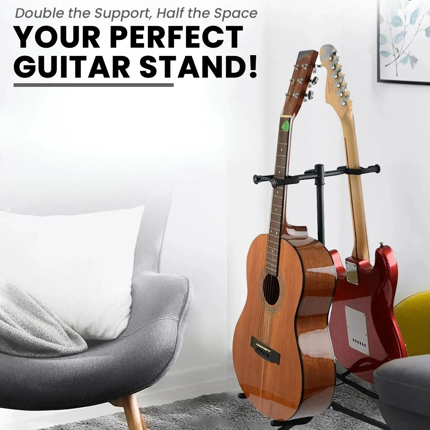1Pcs Compact Adjustable Double Guitar Floor Stand with Neck Holder, Folding Portable Black Universal Stand for Acoustic Guitars, Electric Guitars, Classical Guitars & Bass, Home Organizer Storage Display Rack