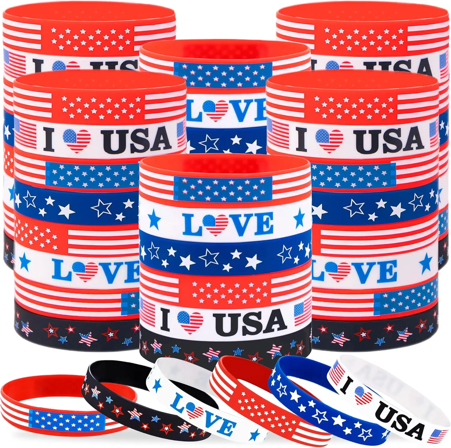 74PCS 4th/Fourth of July Accessories Party Favors: Patriotic Silicone Rubber Bracelets Bulk USA Flag Wristbands American Memorial Day Decorations Gifts Supplies
