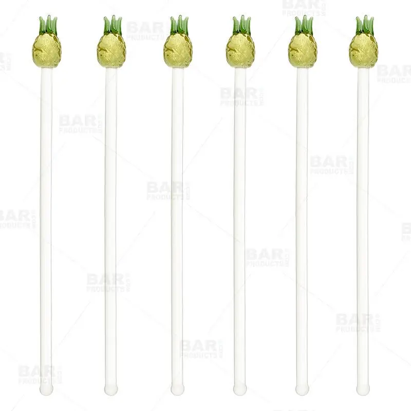Pineapple Blown Glass Cocktail Stirrers & Swizzle Sticks - 6-Piece Reusable 8 in Extra Long Tropical Kitchenware & Bar Utensils, Hand Wash Recommended, Ideal for Guests, 8 Inches