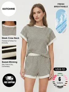 Katch Me Chic Women's Slouchy Stripe Round Neck Short Sleeve Top & Side Pocket Shorts Co-ord, Loose Lightweight Pill Resistant Two Piece Sets, Athleisure Breathable Daily Outfit