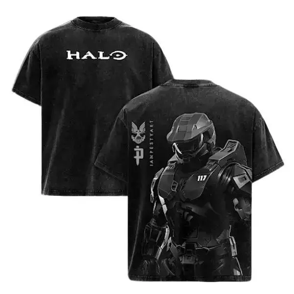 Washed Black Halo Master Chief John-117 117 Double Sided Vintage T-shirt UNSC Spartan Gaming Tee