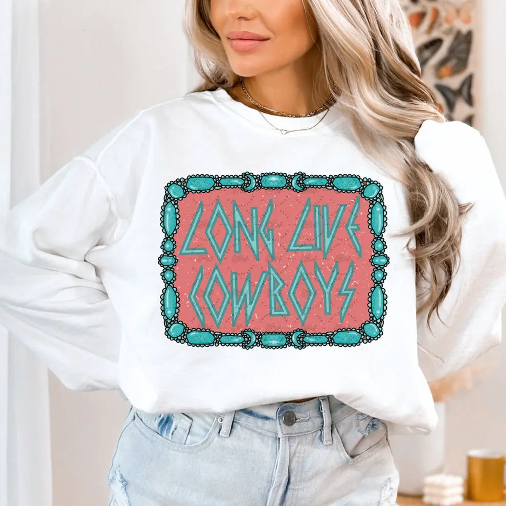 Retro Long Live Cowboys Turquoise Tshirt & Sweatshirt, Cowboy Cowgirl Western Clothing Stuff, Country Y2k Sweaters Fashion For Her Top Womenswear