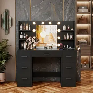 LED Lighted Makeup Vanity Table with Power Outlet Large Mirror 7 Drawers 6 Storage Shelves Multifunctional Dressing Desk Black Cosmetic Dresser for Bedroom Dressing Room Home Decor