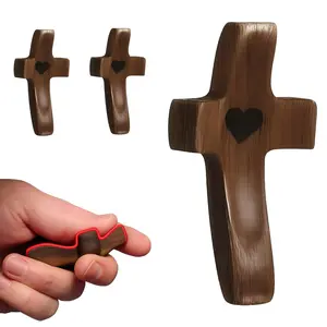 Wooden Holding Cross with Heart - Handheld Prayer Palm Cross for Anxiety Relief & Comfort - Religious Faith Gift for Men and Women