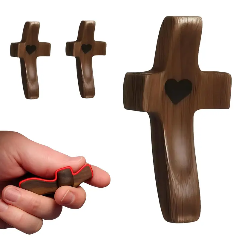 Wooden Holding Cross with Heart - Traditional Lightweight Palm Fitting Cross Decor, Handheld Prayer Aid for Anxiety Relief & Comfort, Religious Faith Gift for Adults