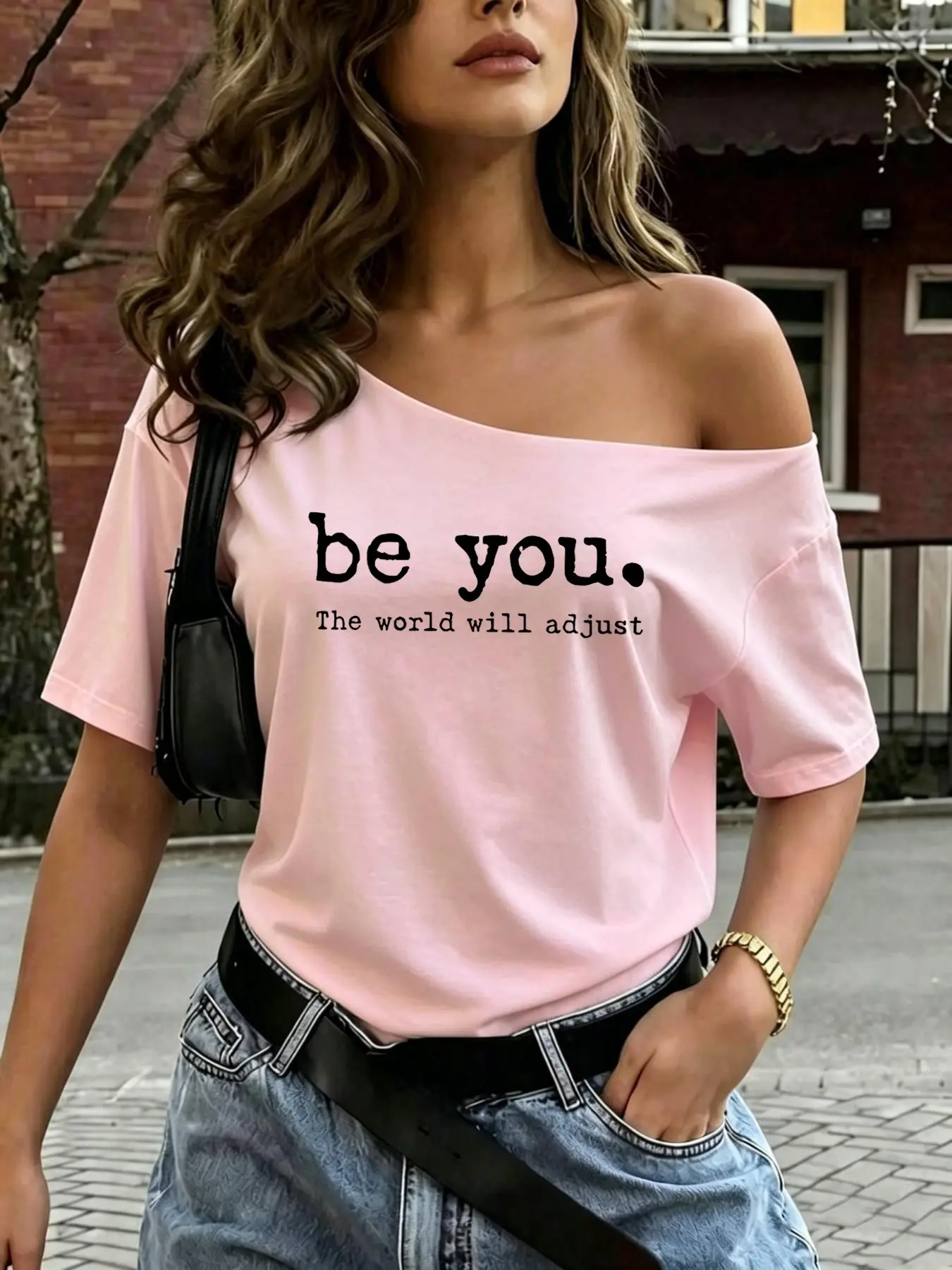 Women's Fashion Letter Print Asymmetric Neck Loose Fit T-Shirt, Casual Short Sleeve Top, Stylish and Comfortable Clothing, Streetwear, Casual Loose Tee, Casual Tee Shirts
