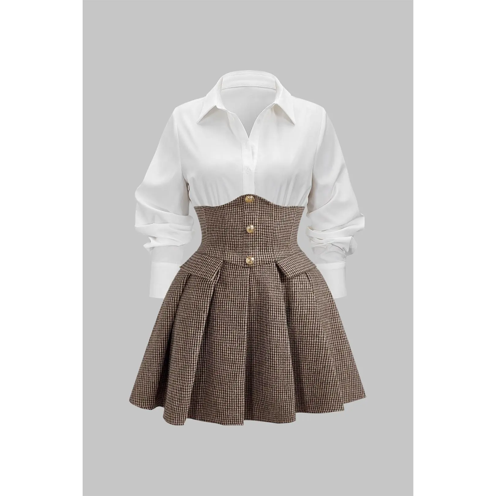 Houndstooth Print Patchwork Pleated High Waist Long-Sleeve Mini Dress