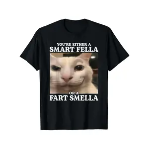 Funny Cat Meme T-Shirt - "You're Either Smart or Stinky" Humorous Graphic Tee with Design, 100% Cotton Unisex Sizes S-XXXL, Machine Washable Round Neck Casual Shirt for Men & Women, Black with White Text, Cat Tshirt, Allseason Apparel Menswear Top