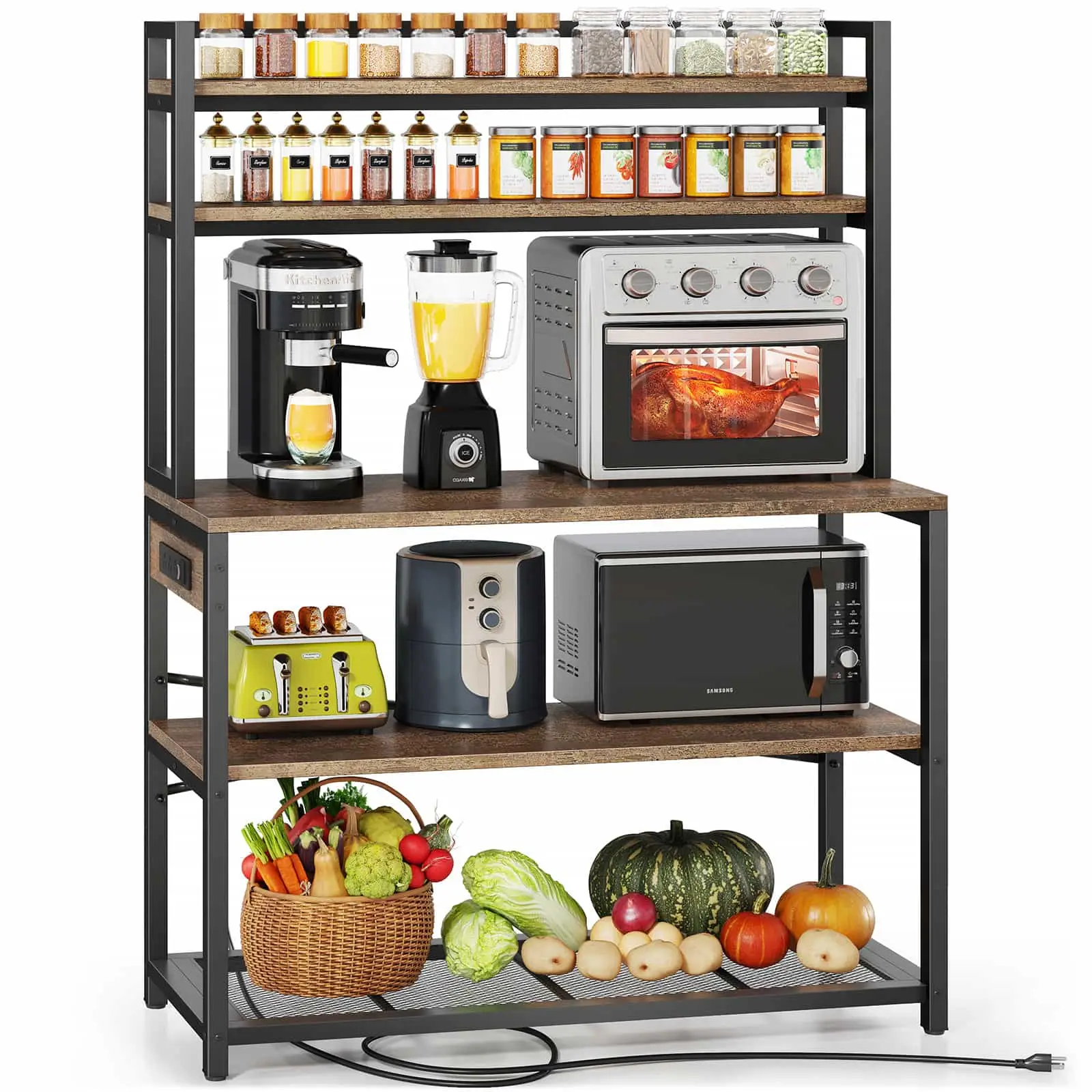 39.4 Inch Wide Large Bakers Rack with 3 Power Outlets, 5 Tiers Microwave Stand with Storage, Freestanding Kitchen Stand, Coffee Bar Station