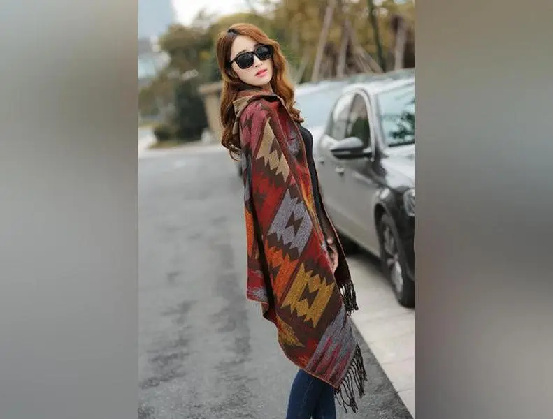 Bohemian Cape Poncho Shawl Scarf Tribal Fringe Hoodies Jacket Ethnic Warm Cardigans For Women 2015 new wool blankets cape shawl