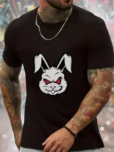 Men'S Rabbit Face Graphic T-Shirt |   Casual Short Sleeve Round Neck Tee with Rabbit & Red Eyes Print All-Season Fit H-Fit for Casual Attire Parties & Outings - Soft Breathable Fabric Crew Neck Vintage Style Pure 220G