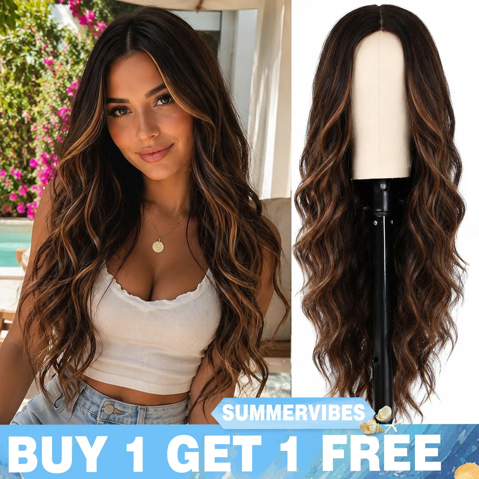 [BCHR HAIR] Summervibes buy 1 get 1 free wig,Black Wig for Women Long Wavy Lace Hairline Wig 26 Inch Middle Part Synthetic Heat Resistant Wig valentines for Daily Party Realistic Look Soft Smooth Texture Handcrafted Hairline Anti-Slip Band - Lifelike outd