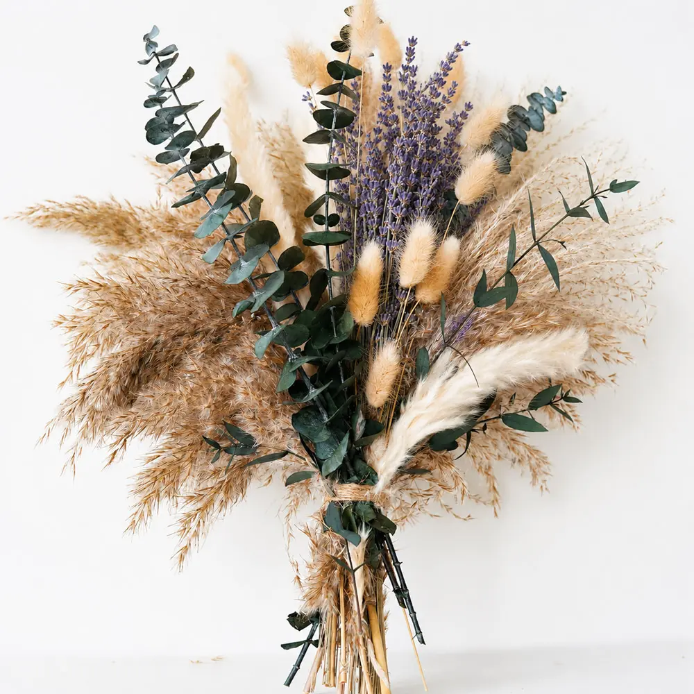 Bohemian Green Dried Pampas Grass Bouquet - With Lavender, Eucalyptus, Rabbit Accent, Handmade Variations - Rustic Decor for Bohemian Home, Vase, DIY Wall Accents, Fits Entryways, Desks, Bedside