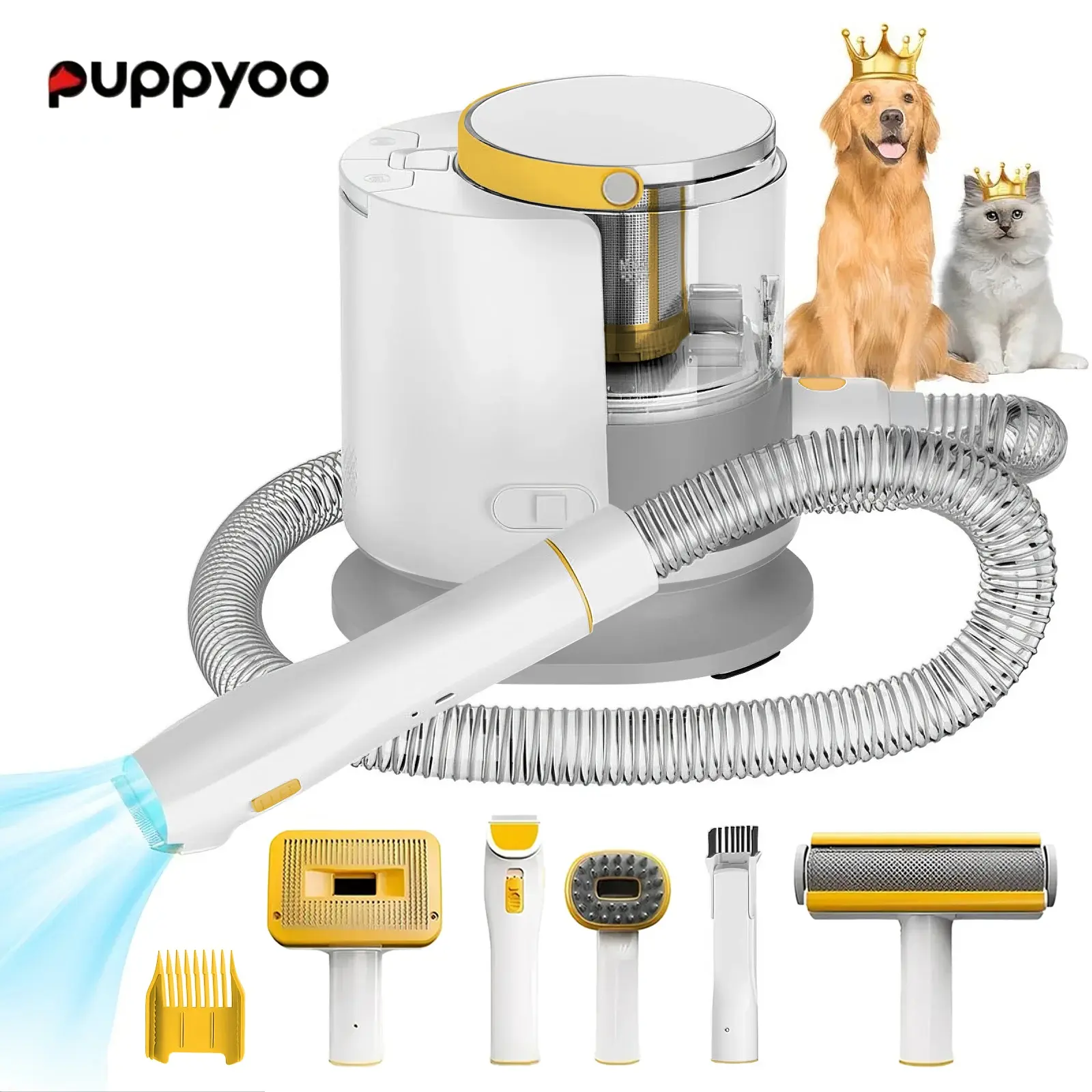 Puppyoo Pet Grooming and Vacuum Cleaner for Dogs and Cats 12000Pa Vacuum Brush for Shedding Grooming 1.5L Dust Cup 4m Power Cord Length Flat Suction Crevice Tool for Sofas Carpets and Corners