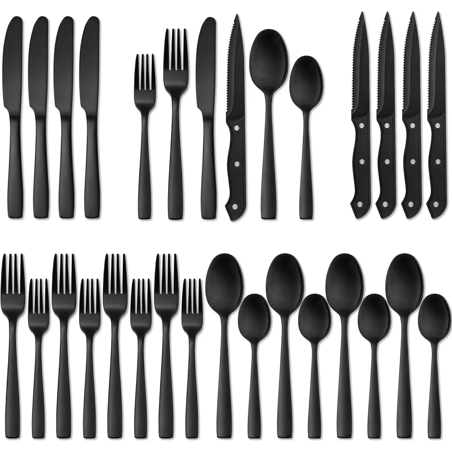 24 Pieces Matte Black Silverware Set with Steak Knives for 4, Stainless Steel Flatware Utensils Set, Hand Wash Recommended Cutlery Metal