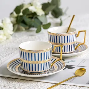 Bone China Cup and Saucer Set with Gold Spoon Gift Box White and Golden Tea Cup Cappuccino English Coffee Cup Set