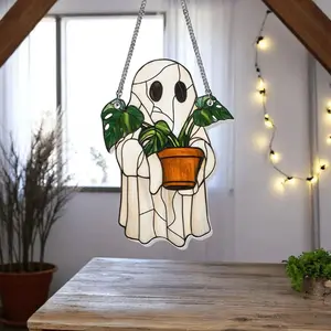 2PC Ghost Suncatcher Acrylic Window Hanging Decoration Cute Ghosts with Plant Decorations Eerie Home Halloween Ornaments for Home Bedroom Living Room Face 1Counta