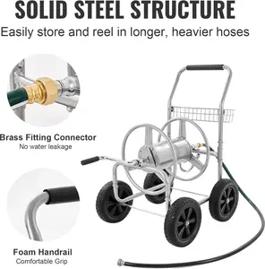 VEVOR Hose Reel Cart, Hold Up to 175-300 ft of 5/8’’ Hose, Garden Water Hose Carts Mobile Tools with 4 Wheels, Heavy Duty Powder-Coated Steel Outdoor Planting with Storage Basket, for Garden, Yard, Lawn