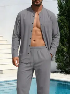 Men's Casual Two-Piece Set, Long Sleeve Stand Collar Shirt with Solid Color Pants, Fashionable for Outdoor Activities
