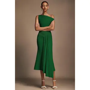 BellaBarnett Paulina Oblique Shoulder Sleeveless Folds Green Midi Dress