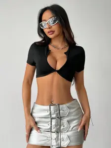 Deep V Neck Knot Short Sleeve Top, Slim Fit Waist Cinching, Casual Pure Color Solid Crop Tee, Stylish Women's Summer Fashion