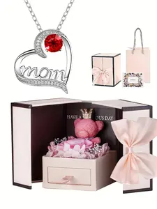 Rose Moss Bear Preserved Gift Box, Contains Mom Birthstone Necklace, Heart Pendant Necklace, Christmas Thanksgiving Gift, Mother's Day Present, Love Heart Necklace