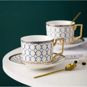 CwlwGO-European style cup and saucer set, 7 oz (about 198.4 grams) bone china exquisite glazed platinum tea cup and saucer (two sets), golden spoon, mug, cappuccino, latte, MOCHA, elegant female suit.