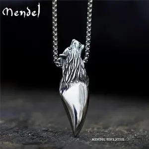 MENDEL Mens 316L Stainless Steel Fenrir Wolf Head Tooth Pendant Necklace Jewelry