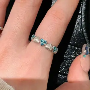 Light luxury brushed heart-shaped aquamarine engagement ring silver 925 vintage high-end diamond blue rings for women  jewelry