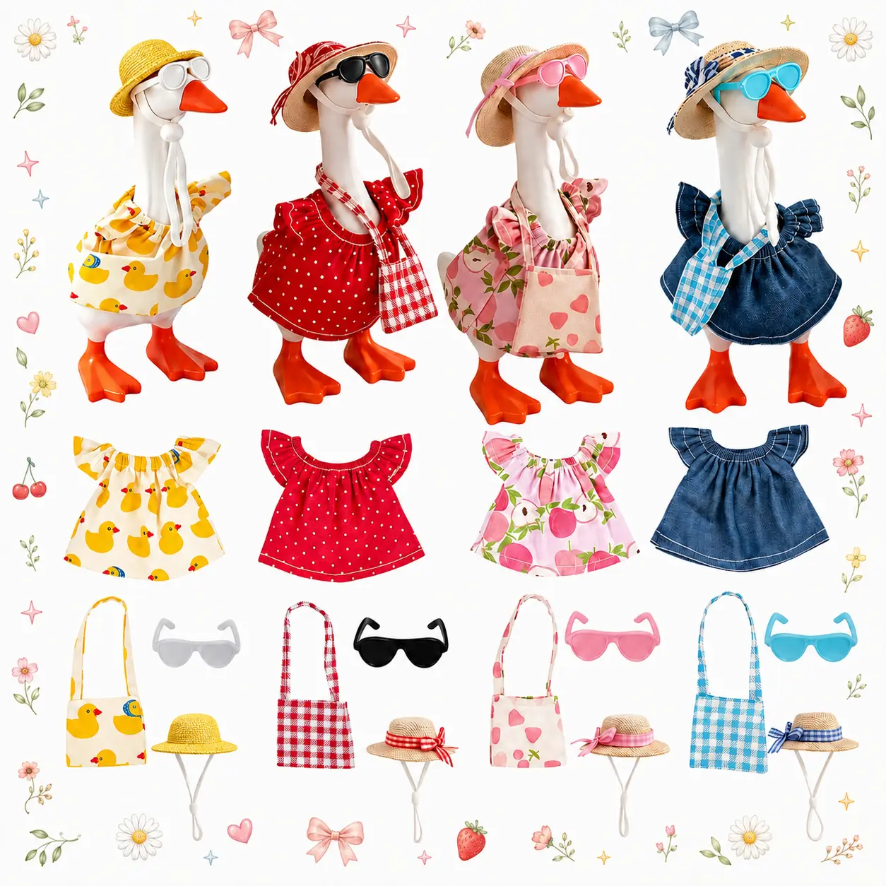 4-Set 7-Inch Magnetic Desktop Goose Figurines - Geese Doll Ornaments with 16-Piece Mini Fabric Clothes (Hat, Dress, Bag), Key Holder, All Seasons Home Office Decor Collectibles Gift for Goose Lovers, Goose Figurine Doll Ornaments