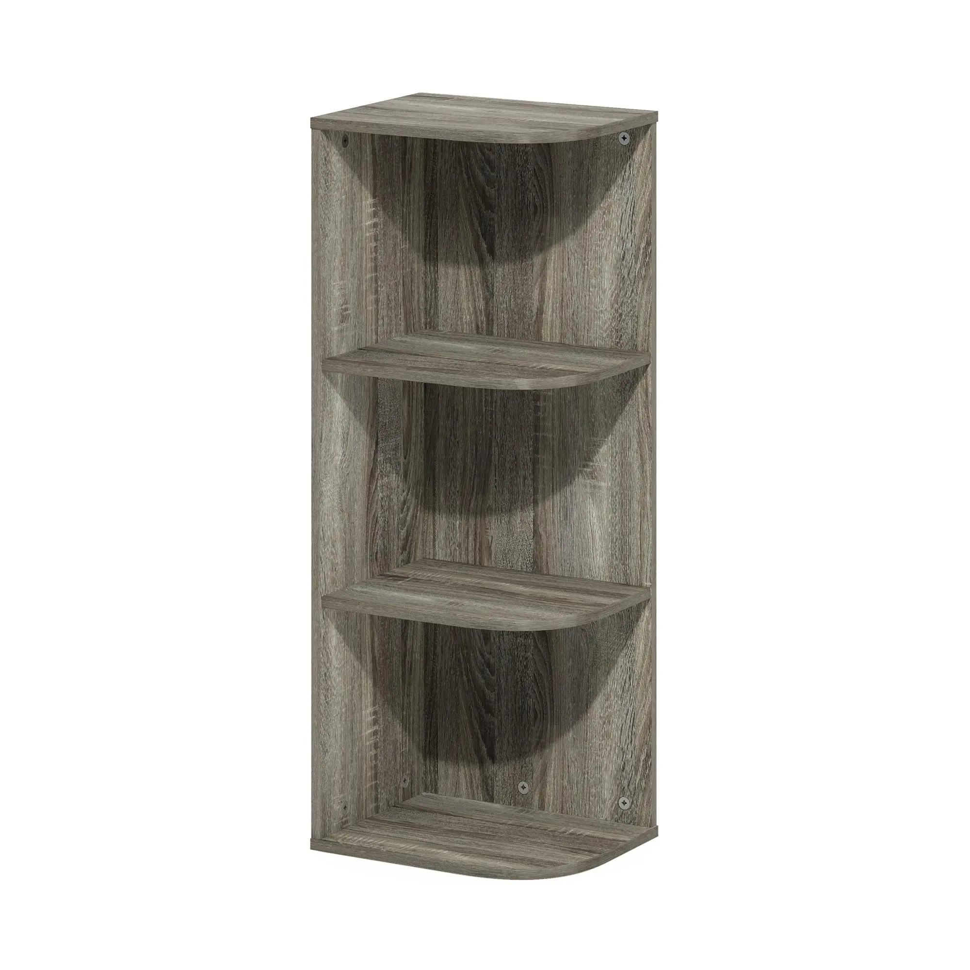 3-Tier Freestanding Corner Bookshelf - French Oak CARB Compliant Wood Grain Composite Wood, 9.3x12x31.5in (9.3" deep) Space Saving Open Storage Corner Organizer Living Room Furniture, Sturdy for Heavier Items, Contemporary, Easy Setup, Assembly Required