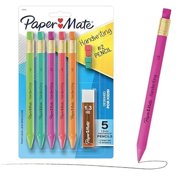Paper Mate Handwriting Triangular Mechanical Pencils with Lead & Eraser Refills, 1.3mm, Fun Barrel Colors, 5 Count - School Supplies, Kids Writing