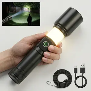 Rechargeable High-Lumen Aluminum LED Flashlight - 11 Modes, Adjustable Zoom, Type-C Charging, Durable, Long-Lasting, Pocket-Sized, Family-Friendly, with Alarm, Nightlight & Yellow Light for Camping, Hiking