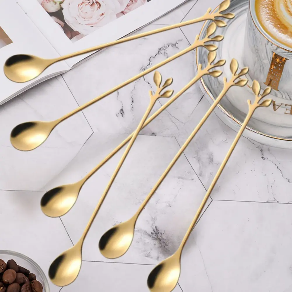 6-Pack Leaf Shape Stainless Steel Tea Spoons Set, 7.4 in Kitchenware Tableware for Coffee & Dessert Servings - Durable Wedding Essential Kitchen Utensil