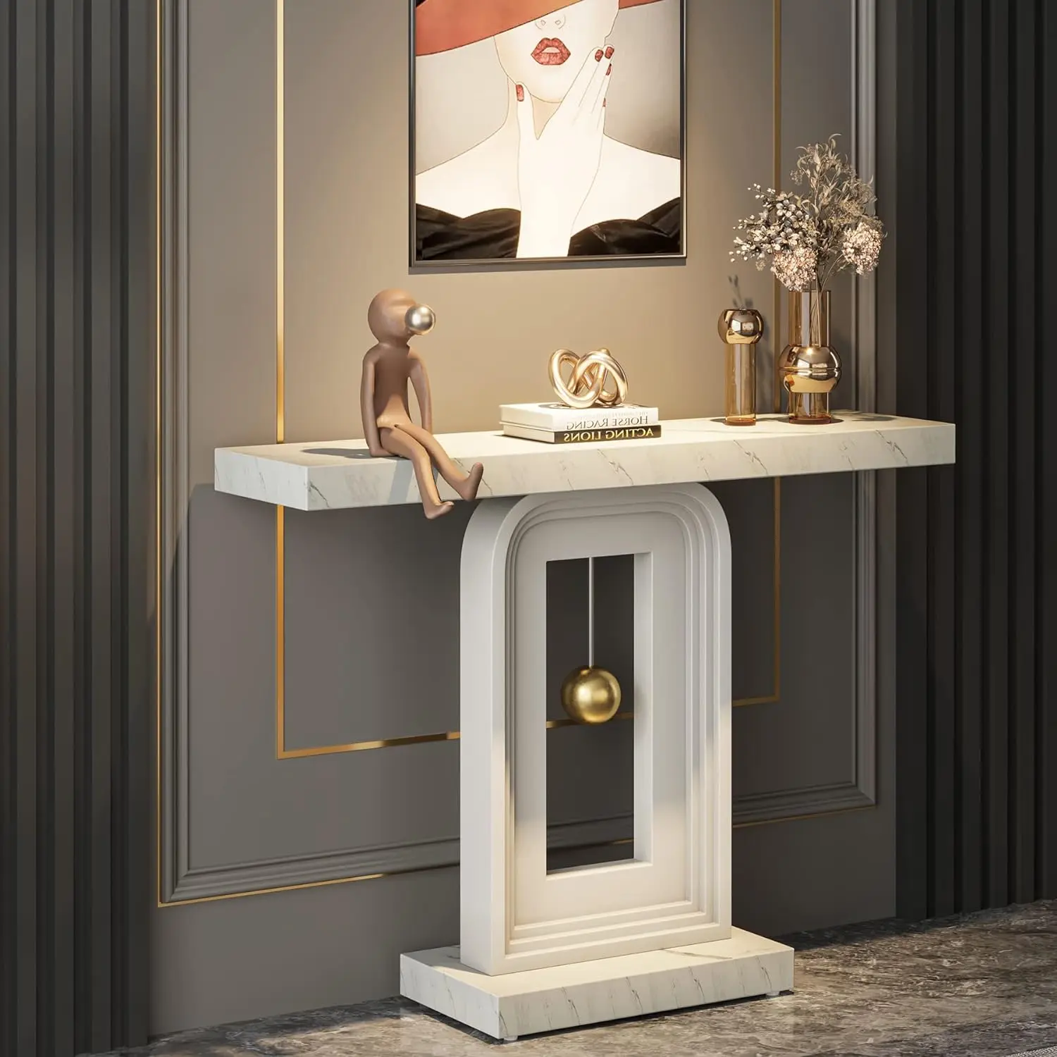 LITTLE TREE Modern Console Table with Geometric Base, 40 inch Narrow Sofa Entryway Table with Gold Decor LITTLE TREE Modern Console Table with Geometric Base, 40 inch Narrow Sofa Entryway Table with Gold Decor