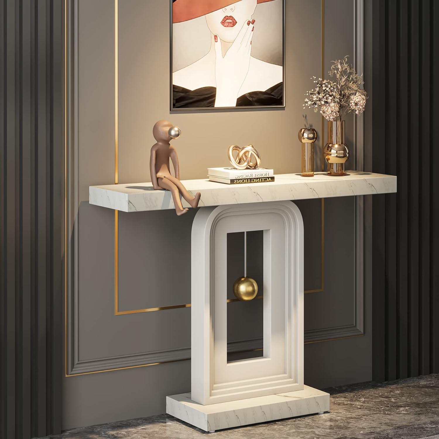 Tribesigns Modern Console Table with Geometric Base, 40 inch Narrow Sofa Entryway Table with Gold Decor