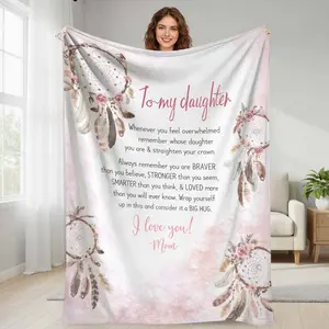 Dreamcatcher Flannel Blanket Inspirational To My Daughter Quote Floral Feather Design Soft Cozy Warmth Perfect for Bedroom Sofa Travel Gift for Family Love Moments