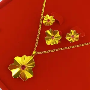 France Luxury 24k Gold Color Jewelry Set For Women Dubai Red Crystal Bridal Wedding Necklace And Earrings Set African Gifts