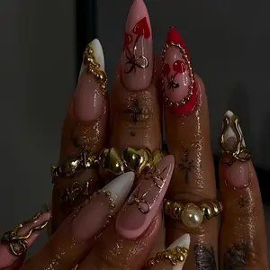 Long Almond Press on Nails Red Fake Nails French with Gold Charm Designs 24pcs