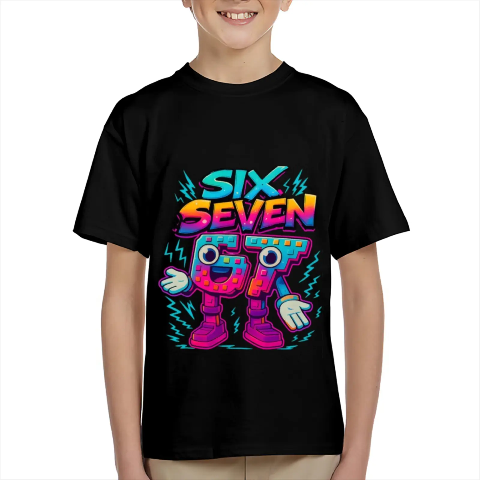 Kid's T-shirt Funny SIX SEVEN 67 gesture robot number character mecha  lightning fun 100% cotton pattern T-shirt for boys and girls  toddler cartoon T-shirt, teen boy clothing gift  G-63