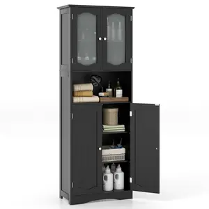 COSTWAY - 64.5 Inches Tall Bathroom Storage Cabinet with Frost Glass Doors and Shelves-Black
