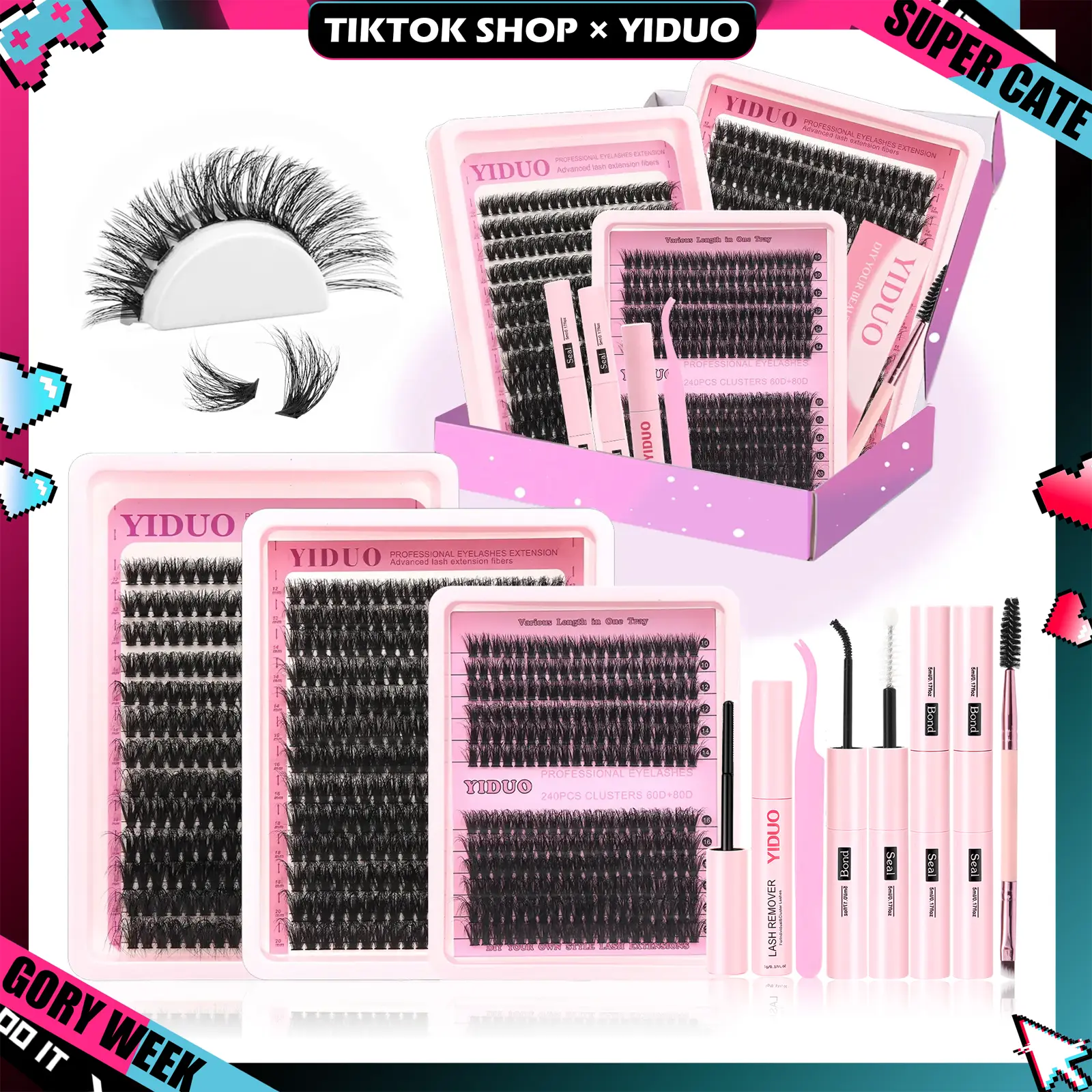 YIDUO Eyelash Extension Kit with 2X Bond&Seal 10-20mm 60D+80D+100D Volume 3D Lash Clusters Kit 3 Styles 760Pcs Wispy Natural Soft DIY Individual Lash Clusters Kit Box for Beginners
