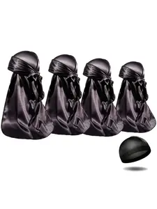 5 Piece Set Silky Durag Headscarves Unisex, Wave Cap & Long Tail Scarfs, 360 Degree Elastic Band, Soft Breathable Hair Protection, Scarf Head Wrap