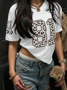Women's Y2K Leopard Print American Vintage Mesh Breathable Sports Shirt, Streetwear Casual Daily Wear, Fitted Graphic Top, Athletic Shirt
