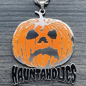 Hauntaholics Necklace 2" Mirror Polished Haunted Mound Pumpkin Pendant Stainless Steel Hypoallergenic Laser Cut Enamel Multicolor Sematary Chain Included Free Gift