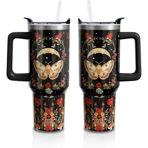 40oz Gothic Moth & Mushroom Moon Tumbler with Handle - Double Walled Stainless Steel Insulated Cup - Dark Goth Gifts for Women Men (1 PC)