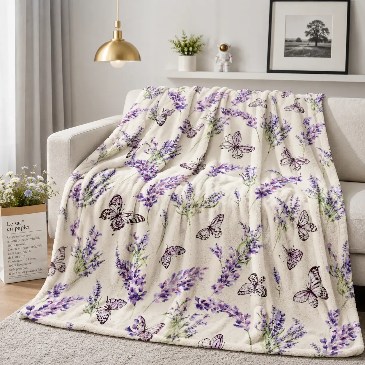 Lavender Butterfly Throw Blanket, Purple Floral Flannel Blanket, Soft Cozy Botanical Blanket for Sofa Bed Couch Bedroom Decor Gift