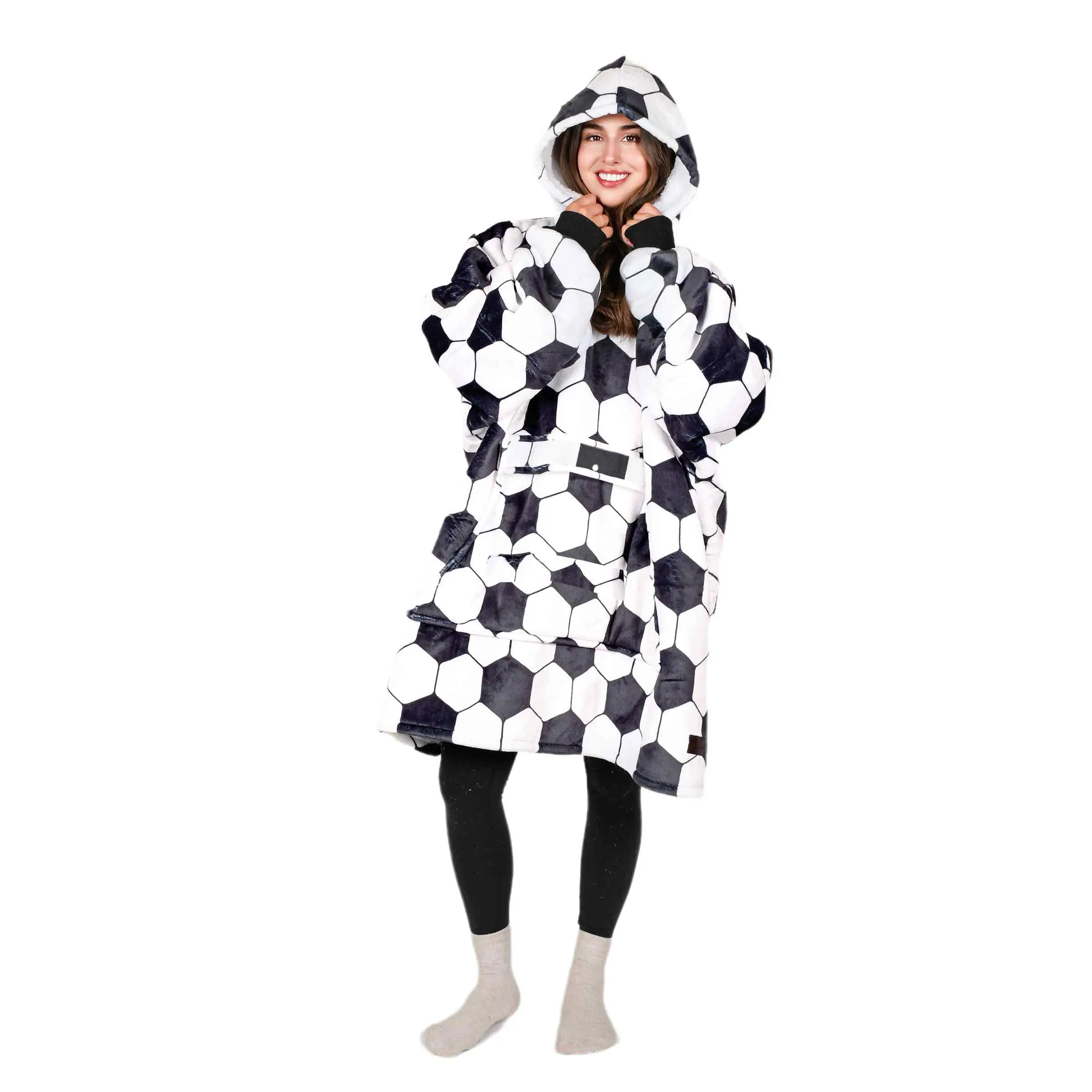 White Soccer Ball Oversized Double Layer Hoodie Blanket
